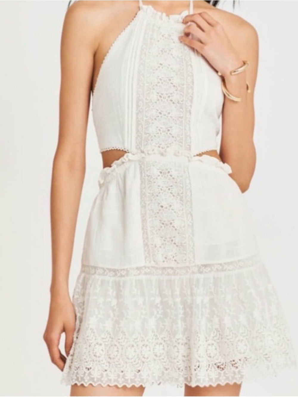 LoveShackFancy Kesia White Floral Lace Halter Cutout Mini Dress